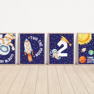 Blast Off Two the Moon Birthday Signs - digital birthday supplies - space planets astronaut rocket - printable download - party decoration