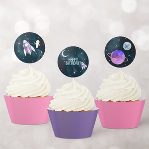 Cosmic Happy Birthday Cupcake Toppers - digital birthday supplies - space planets astronaut rocket - printable download - party decoration