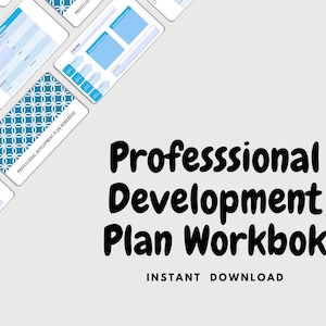 Puede incluir: Un libro de trabajo de planificación de desarrollo profesional imprimible con un patrón geométrico azul y blanco en la portada. El texto "Professional Development Plan Workbook" está en negrita negra. El texto "INSTANT DOWNLOAD" está en negro más pequeño.