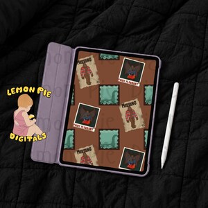 May include: A tablet in a light purple case displaying a brown background with a repeating pattern of missing posters featuring a brown creature in a red plaid shirt and images of a winged creature with the text Point Pleasant and Missing.