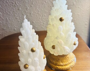 Set of 2 Vintage White Christmas Tree Candles, Gold Adornments