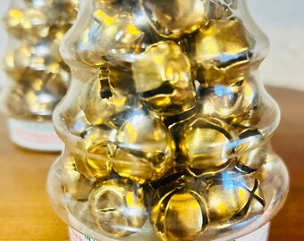 Vintage Set of 40 Gold Jingle Bells in Tree Shaped Container