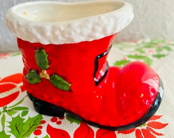 Vintage Ceramic Santa Boot with Holly