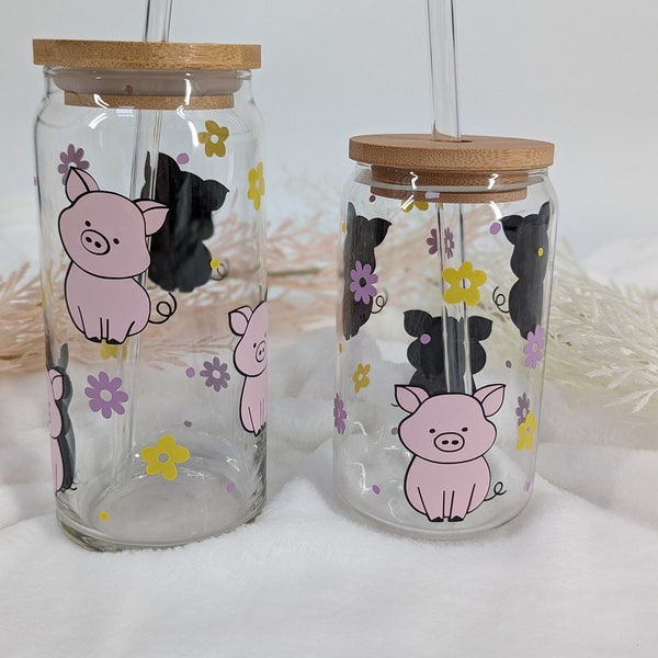 Pig Lover Glass Cup for Pig Mama Crazy Pig Lady Cup Gift for Pig Lady Cute Pig with Flowers Cup for Boss Cute Pig Iced Coffee Cup