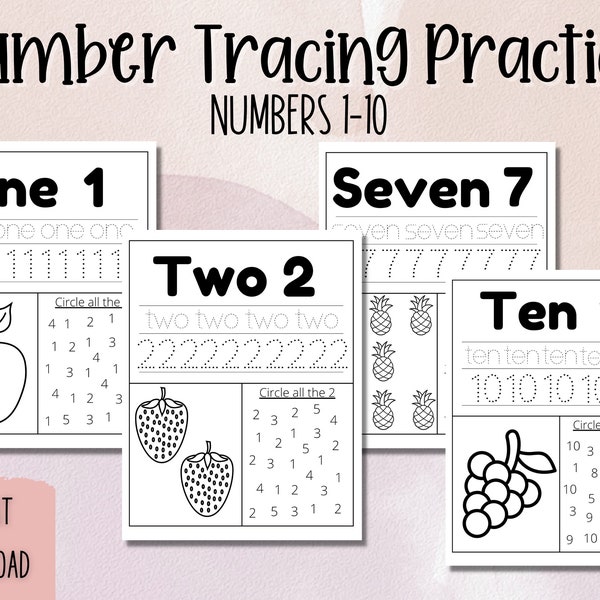 1-10, Number tracing, preschool worksheet printable, handwriting practice, kindergarten worksheets, learning numbers, Instant Download,