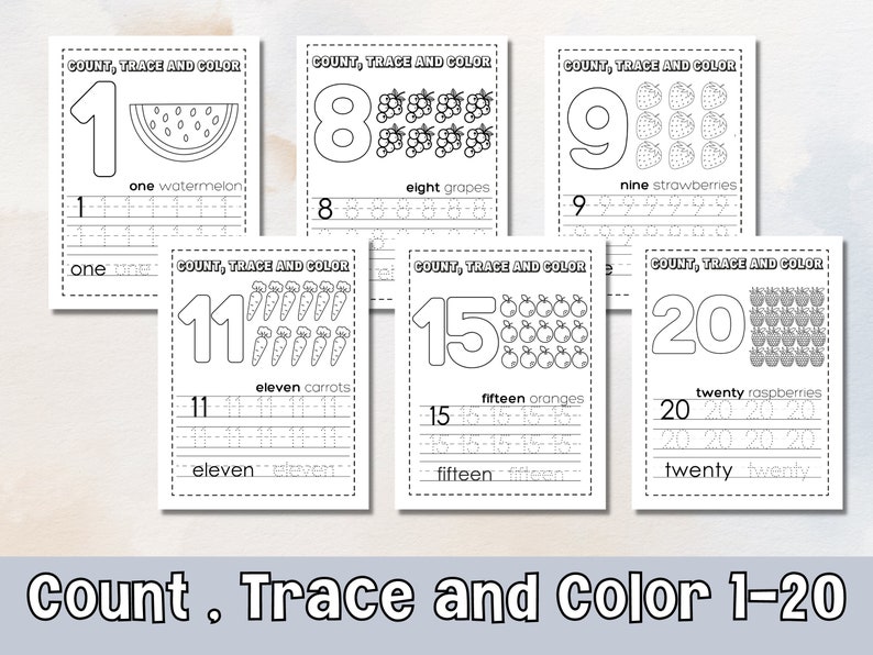 May include: A set of educational worksheets for children. Each page features a number from 1 to 20, along with illustrations of fruits and vegetables to count, trace, and color. The text "Count, Trace and Color 1-20" is at the bottom.
