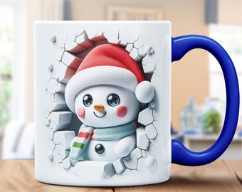 3D Snowman with Christmas Hats on 3D Effect Cracked Wall Mug