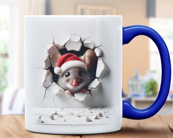 3D Mouse in Santa Hat Mug - Cute Rodent Peeking from Hole - Unique Christmas Cup