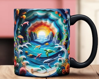 3D Effect Ocean Mug, Christmas Gift for Sea Lovers