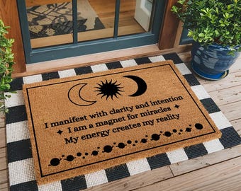 Manifestation Doormat Spiritual Welcome Mat Affirmation Front Door Decor Celestial Sun Moon Coir Rug Law of Attraction Housewarming Gift