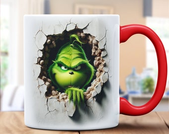 Steal Christmas with Style: Grinch-Themed 3D Effect Cracked Wall Mug - Perfect for Holiday Mischief & Merriment!