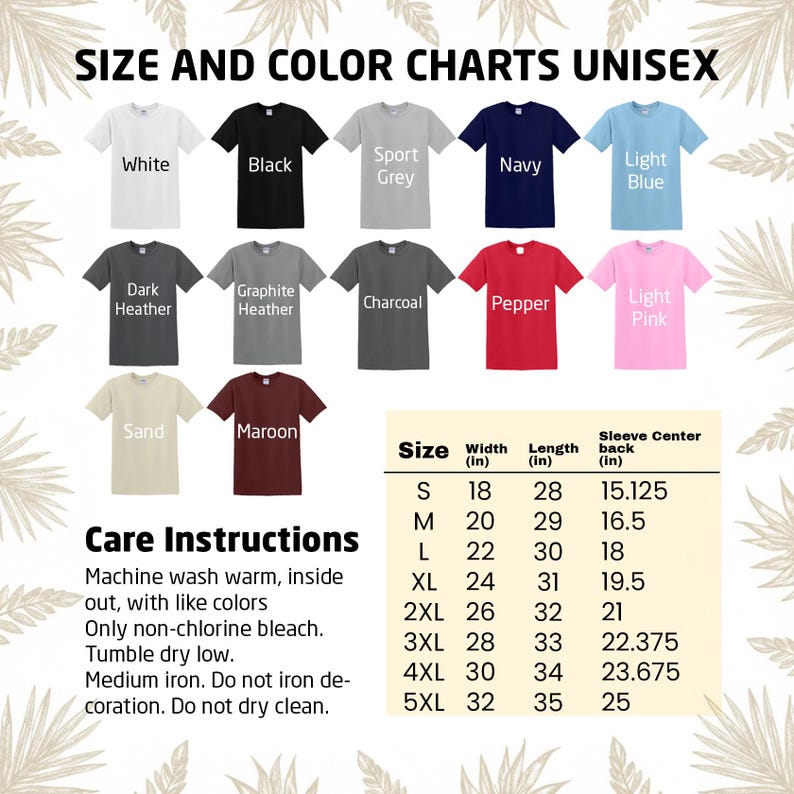 Puede incluir: Tabla de tallas y colores de camisetas unisex. Los colores incluyen blanco, negro, gris deportivo, azul marino, azul claro, gris oscuro, gris grafito, carb&oacute;n, pimienta, rosa claro, arena y granate. Tambi&eacute;n se incluyen instrucciones de cuidado.