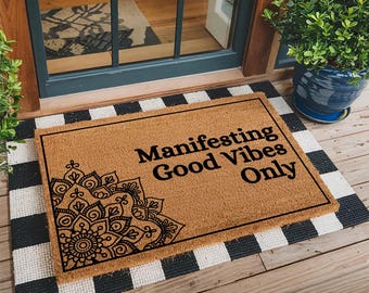 Manifesting Good Vibes Only Doormat Boho Welcome Mat Mandala Porch Rug Spiritual Home Decor Positive Energy Entryway Mat Housewarming Gift