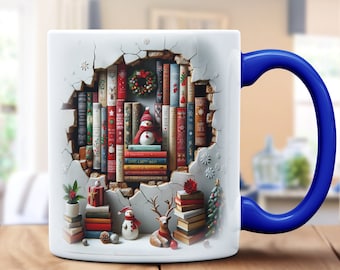 Bibliophile's Winter Wonderland: 3D Effect Christmas Books Mug with Cracked Wall Illusion