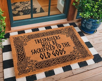 Trespassers Will Be Sacrificed Doormat - Viking Style Welcome Mat - Norse Decor - Pagan Front Door Rug - Funny Gothic Gift