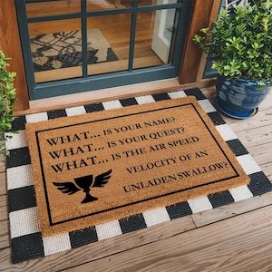 May include: A rectangular doormat with a black border and the text "WHAT... IS YOUR NAME? WHAT... IS YOUR QUEST? WHAT... IS THE AIR SPEED VELOCITY OF AN UNLADEN SWALLOW?" in black. The mat is made of a natural fiber material.