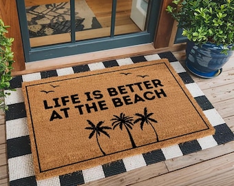 Beach House Doormat Life Is Better At The Beach Welcome Mat Coastal Decor Summer Porch Rug Palm Tree Coir Mat Housewarming Gift