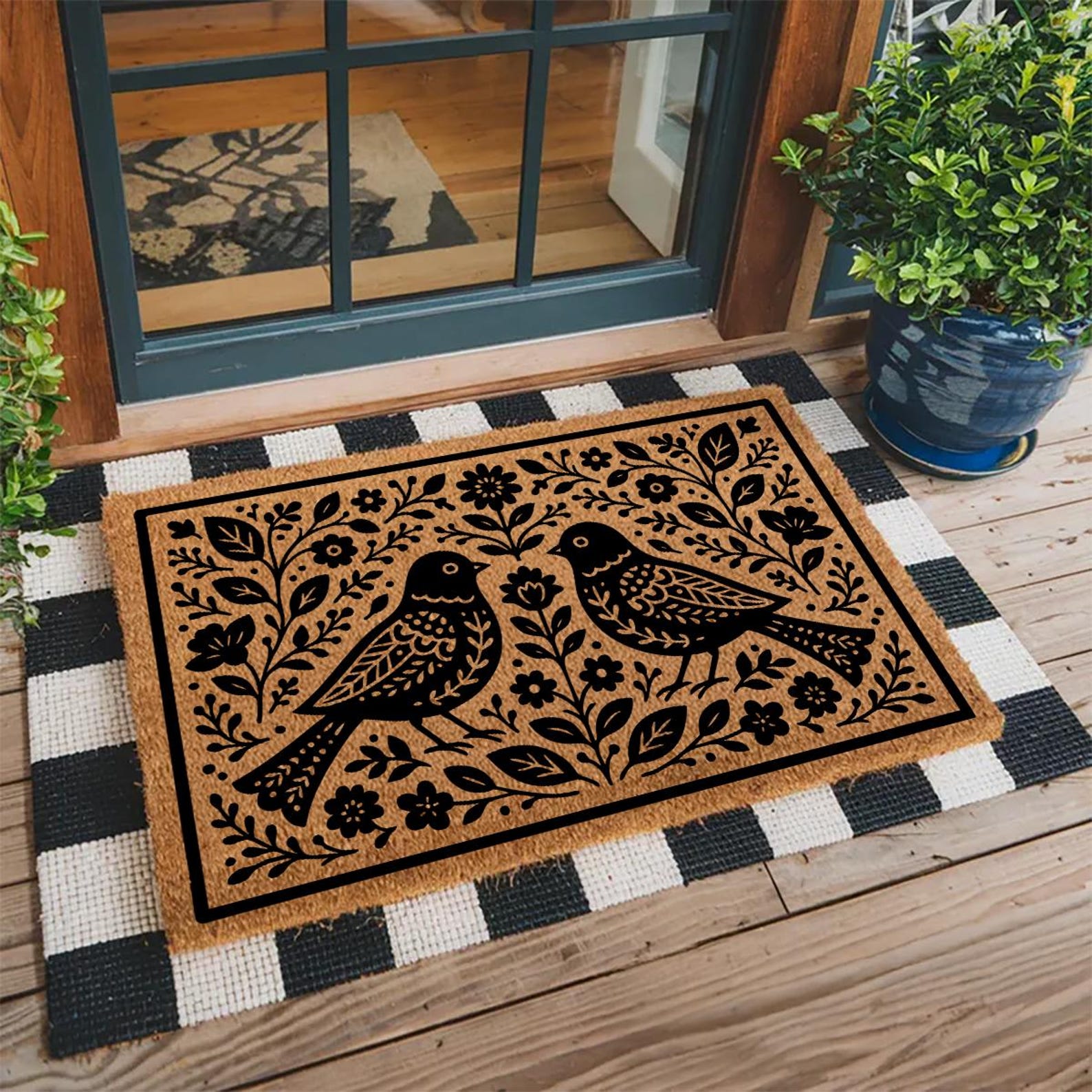 Folk Art Bird Doormat - Boho Welcome Mat with Floral Design - Nature Inspired Coir Mat - Cottagecore Entry Rug - Housewarming Gift - 30"x18" inches