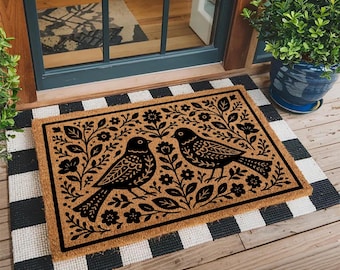 Folk Art Bird Doormat - Boho Welcome Mat with Floral Design - Nature Inspired Coir Mat - Cottagecore Entry Rug - Housewarming Gift