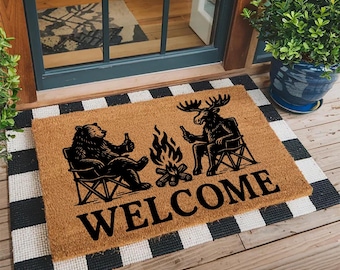 Welcome Doormat with Bear and Moose by Campfire - Funny Cabin Decor - Rustic Coir Rug - Housewarming Gift - Outdoor Camping Door Mat