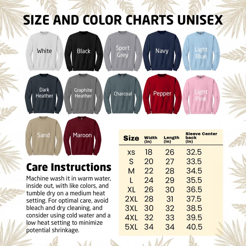 Puede incluir: Una tabla de tallas y colores para sudaderas unisex. Los colores incluyen blanco, negro, gris deportivo, azul marino, azul claro, gris oscuro, gris grafito, carb&oacute;n, pimienta, rosa claro, arena y granate. Instrucciones de cuidado incluidas, medidas en pulgadas.