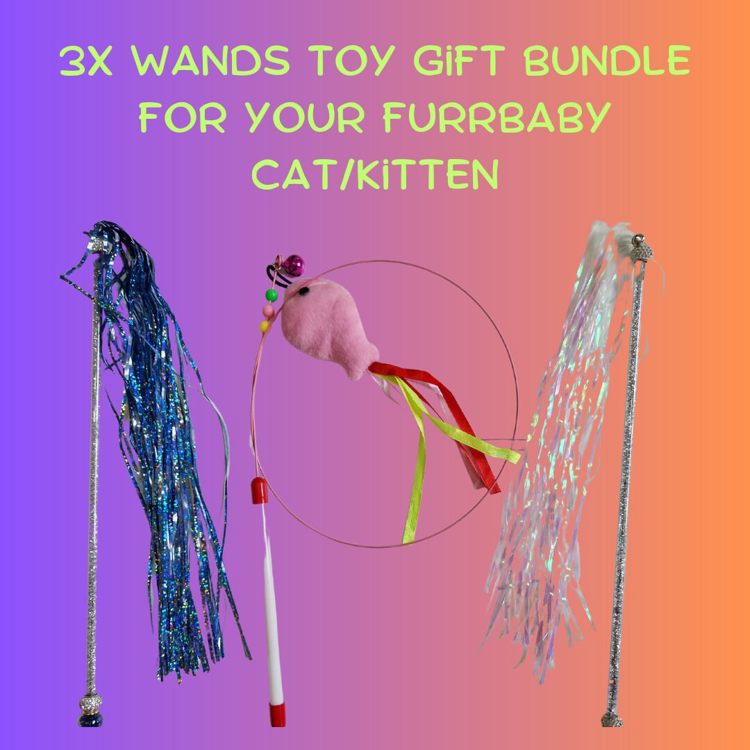 3 Cat Wand Toys Bundle Cat Teasers Sparkly Wands With Jingle Etsy