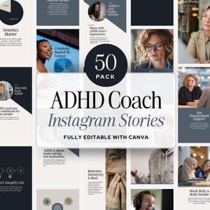 Può includere: Una raccolta di modelli di storie di Instagram per coach ADHD. Il design presenta una varietà di immagini ed elementi testuali, tra cui le parole "ADHD Coach Instagram Stories" e "Fully Editable with Canva."
