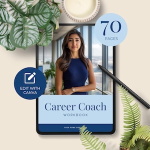 Op de afbeelding: Een digitale tablet met een blauwe en witte workbook-omslag met de tekst "Career Coach Workbook". De omslag toont ook een vrouw in een blauwe jurk en de tekst "70 Pagina's".