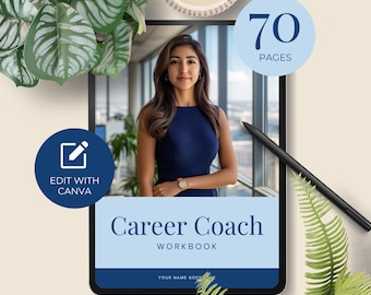 May include: A digital tablet displaying a blue and white workbook cover with the text "Career Coach Workbook". The cover also features a woman in a blue dress and the text "70 Pages".