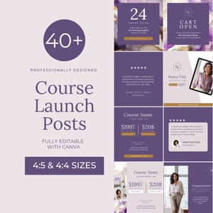 May include: A set of 40+ professionally designed social media posts for promoting a course launch. The posts feature a purple and gold color scheme with text that includes the course name, price, and a call to action. The text "4:5 & 4:4 SIZES" is also included.