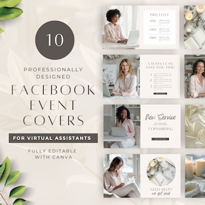 May include: A set of 10 professionally designed Facebook event covers for virtual assistants. The covers feature a variety of images, including a woman working on a laptop, candles, and a price list. The text on the covers includes "New Service", "Copywriting", "Need Help? We got you!" and "3 Ways I Can Save You Time!"
