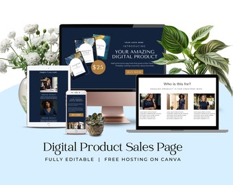 May include: A digital product sales page mockup with a blue and gold color scheme. The page features a laptop, tablet, and phone displaying a digital product with the text "Introducing Your Amazing Digital Product" and a price of $25. The page also includes a section titled "Who is this for?" with three images of women.