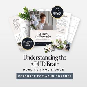 May include: A collection of documents and a book titled "Wired Differently: Understanding the ADHD Brain." The design includes floral accents, a woman using a laptop, and the text "US Letter + A4 Sizes." The e-book is a resource for ADHD coaches.