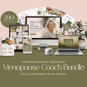 Op de afbeelding: Een digitale mockup van een menopauze coach bundel, inclusief een computer, tablet en telefoon met sjablonen. De afbeelding bevat de tekst "Empowering You Through Menopause" en "290+ Templates". Een kopje koffie en een potplant zijn ook zichtbaar.