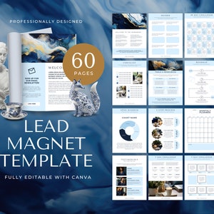 May include: A blue and gold abstract design lead magnet template with 60 pages. The template includes a welcome page, checklist, roadmap, Venn diagram, 5 step process, monthly planner, 1 day challenge, and 7 day challenge. The template is fully editable with Canva.