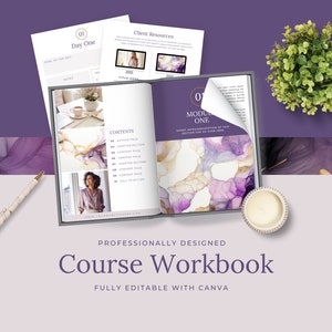 Puede incluir: Un libro de trabajo de curso con un diseño abstracto morado y dorado en la portada. El libro está abierto en una página con el título "Contents" y una lista de temas. El texto "Professionally Designed Course Workbook Fully Editable with Canva" está impreso en la parte inferior de la página.