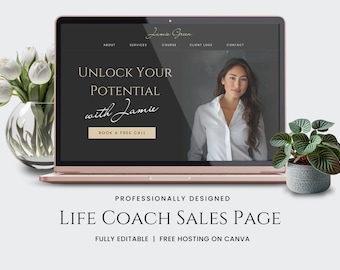 Canva-websitesjabloon Life Coach-verkooppagina Aangepaste website Canva-coachingsiteverkooptrechter Coaches en makers van cursussen Website van één pagina