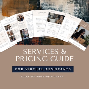 Virtual Assistant Services & Pricing Guide VA Starter Kit Client Proposal Editable Canva Template Client Onboarding Aesthetic Neutral EH001