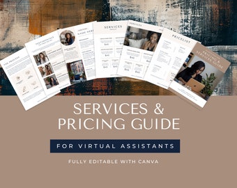 Virtual Assistant Services & Pricing Guide VA Starter Kit Client Proposal Editable Canva Template Client Onboarding Aesthetic Neutral EH001