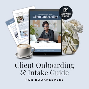 May include: A digital tablet displaying a client onboarding guide for bookkeepers. The guide includes a section for getting started, compliance, and a step-by-step process. The tablet is on a white surface with a cup of coffee and a vase of white flowers.