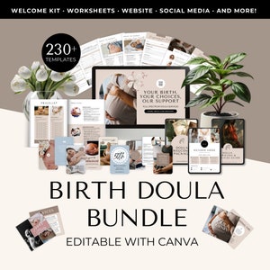 May include: A digital product bundle for birth doulas, featuring over 230 customizable templates for marketing and client support. The bundle includes a variety of resources, such as a welcome kit, worksheets, website templates, social media graphics, and more. The text "Birth Doula Bundle" is displayed in large, bold letters, and the text "Editable with Canva" is displayed below it. The image also includes a variety of other graphics, such as a pregnant woman, a baby, and a heart.