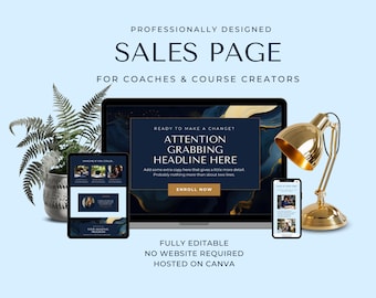 Sales Page Canva Template, Canva Sales Page, Course Sales Page, Coaching Website, Canva Landing Page Template, Luxe Web Design, EH017