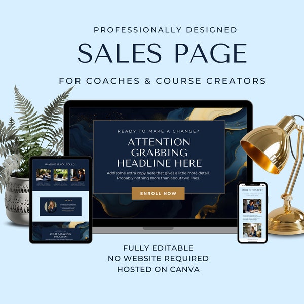 Sales Page Canva Template, Canva Sales Page, Course Sales Page, Coaching Website, Canva Landing Page Template, Luxe Web Design, EH017