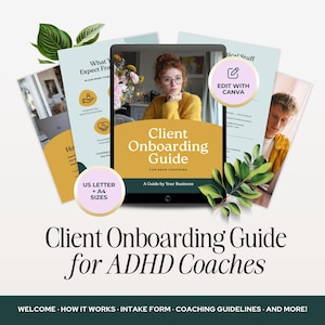 May include: A digital guide titled "Client Onboarding Guide for ADHD Coaches" is displayed on a tablet. Accompanying documents and leaves are arranged around the tablet. The guide includes the text "A Guide by Your Business" and "US Letter + A4 Sizes."