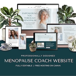 May include: A website design for a menopause coach is displayed on a desktop, tablet, and smartphone. The image includes the text "Empowering You Through Menopause". The design is professionally presented with a teal background and plants.