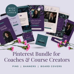 Può includere: Un set di modelli Pinterest viola e verdi per coach e creatori di corsi. I modelli includono pin, banner e copertine di bacheca. I modelli presentano un design floreale e il testo "Lovely Things".