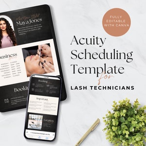 Könnte beinhalten: Ein digitales Tablet-Mockup, das eine Vorlage für Wimperntechniker zeigt, um Termine mit Acuity Scheduling zu planen. Die Vorlage ist schwarz mit goldenen Akzenten und zeigt ein Foto einer Frau, die Wimpernverlängerungen bekommt. Der Text "FULLY EDITABLE WITH CANVA" befindet sich in einem Pfirsichkreis oben rechts im Bild.