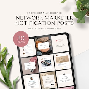 Könnte beinhalten: Ein Laptop-Bildschirm zeigt ein Mockup von 30 Social-Media-Posts für Netzwerk-Marketer. Die Posts sind in einem minimalistischen Stil mit einem rosa und weißen Farbschema gestaltet. Der Text auf dem Bildschirm lautet "Professionally Designed Network Marketer Notification Posts Fully Editable with Canva 30 Posts".