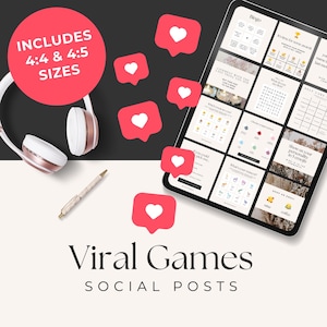 Könnte beinhalten: Ein digitales Tablet zeigt eine Reihe von 12 Social-Media-Post-Vorlagen für virale Spiele. Die Vorlagen beinhalten eine Bingokarte, ein Suchwort, einen Persönlichkeitstest und andere interaktive Spiele. Der Text "INCLUDES 4:4 & 4:5 SIZES" wird in einem roten Kreis oben links im Bild angezeigt. Der Text "Viral Games SOCIAL POSTS" wird unten im Bild angezeigt.