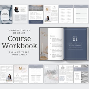 Puede incluir: Una plantilla de cuaderno de trabajo de curso diseñada profesionalmente con un esquema de color azul y blanco. La portada presenta el texto "Cuaderno de trabajo de curso" y "Totalmente editable con Canva". Las páginas interiores incluyen una tabla de contenido, una descripción general del módulo y una sección para notas.